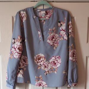 A New Day Floral Puff Sleeve Blouse Pink and Blue